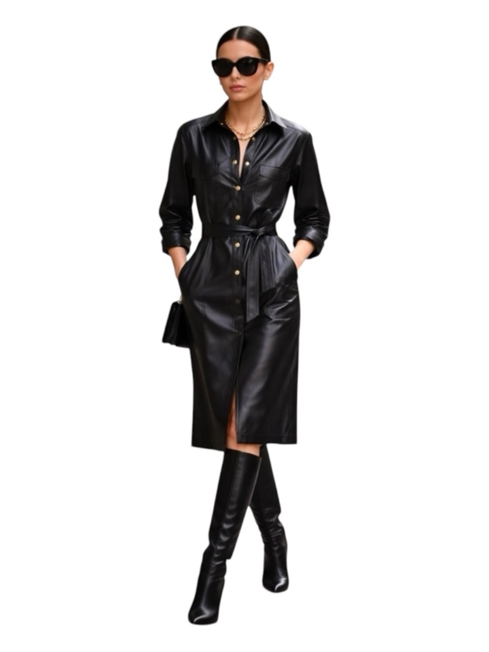 J. Crew Black Faux Leather Belted Shirt Dress | Women's 6 | Luxury Minimalist